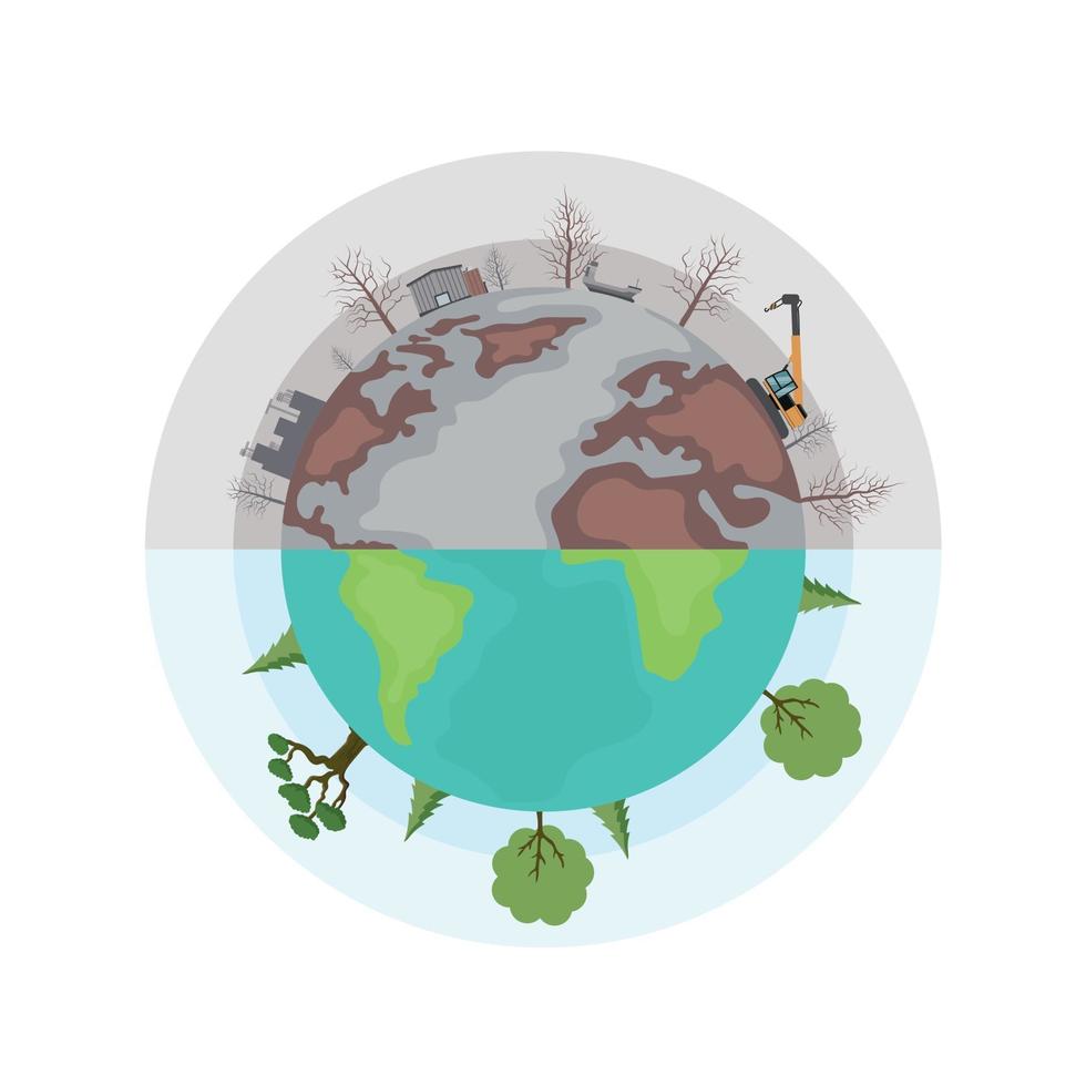 conception vectorielle de la terre divisée en pollué et vert vecteur