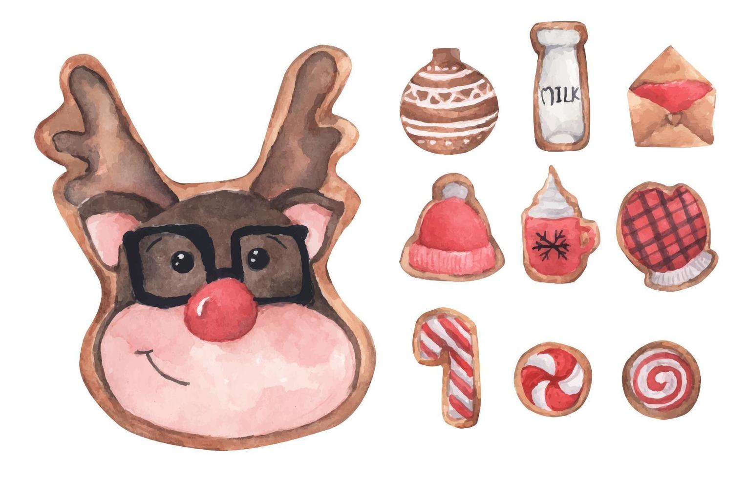 ensemble de biscuits mignons de pain d'épice. carte de Noël aquarelle. vecteur