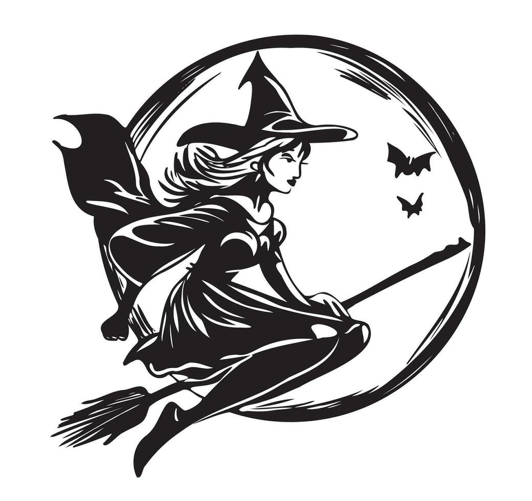 silhouette de une sorcière sur une balai dessin animé Halloween esquisser vecteur illustration