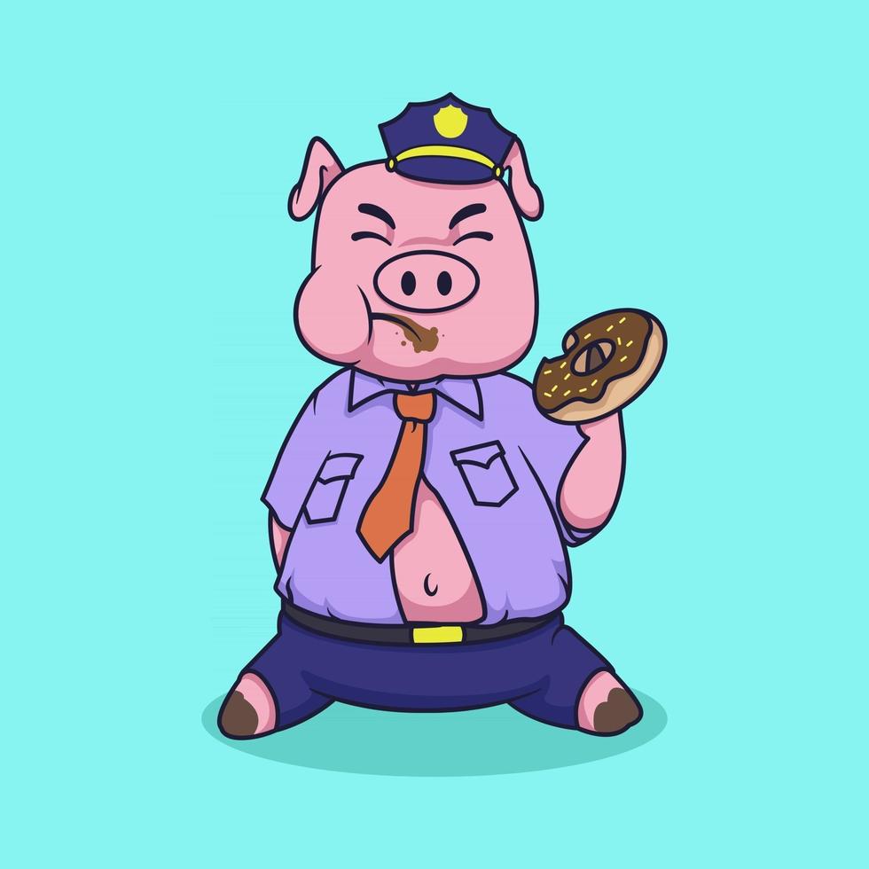 police de porc mangeant une illustration de beignet vecteur