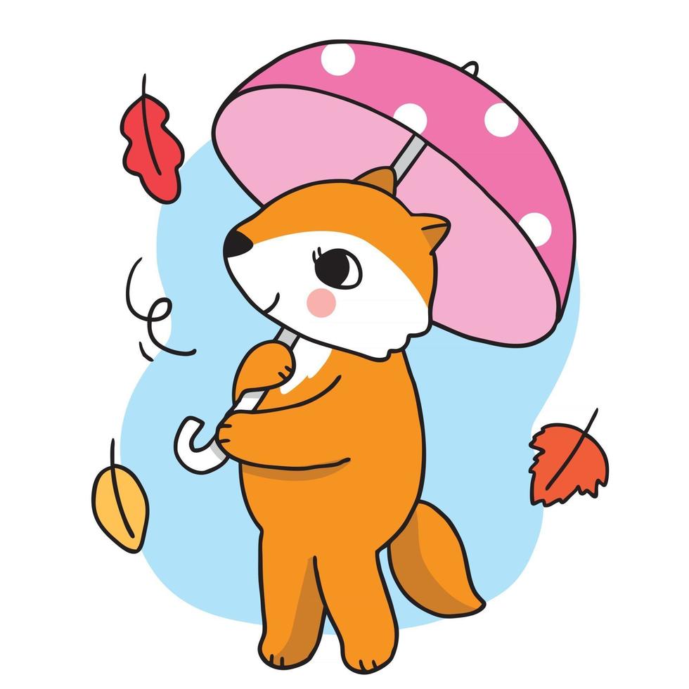 dessin animé mignon main dessiner renard et parapluie, vecteur d'automne.