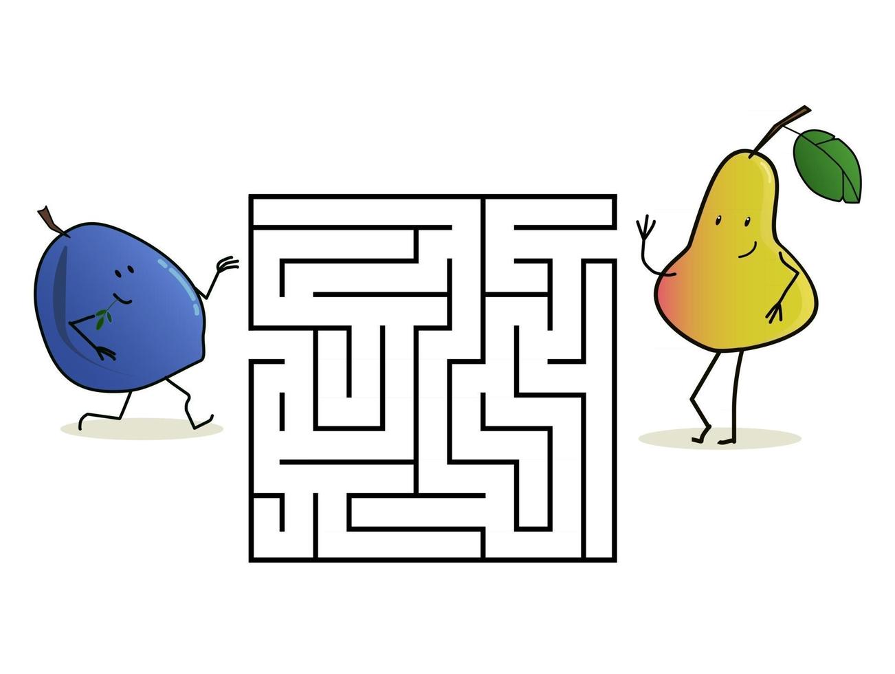 labyrinthe de labyrinthe carré avec des personnages de dessins animés. prune de fruits mignons vecteur
