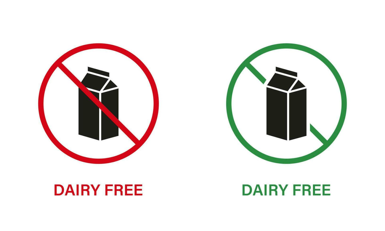 laitier gratuit silhouette icône ensemble. laitier Arrêtez signe, seulement en bonne santé aliments. vache Lait lactose interdit symbole. gratuit laitier régime logo. non lactose, allergie ingrédient. isolé vecteur illustration.