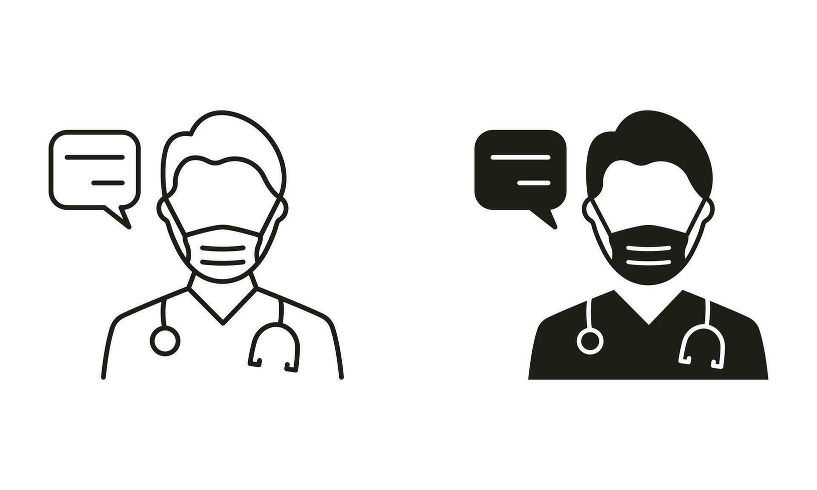 médecin dans masque avec discours bulle consultation concept ligne et silhouette icône ensemble. médecin parlant pictogramme. soins de santé discuter, médical conversation symbole collection. isolé vecteur illustration.