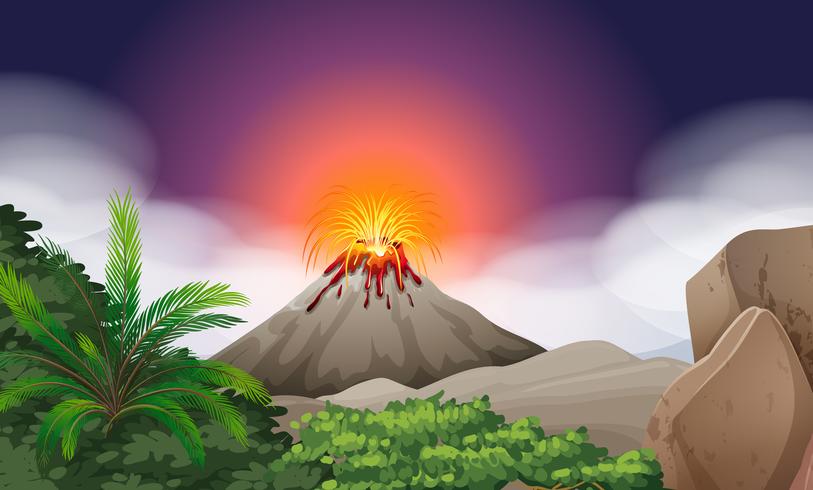 Scène de la nature avec éruption du volcan vecteur