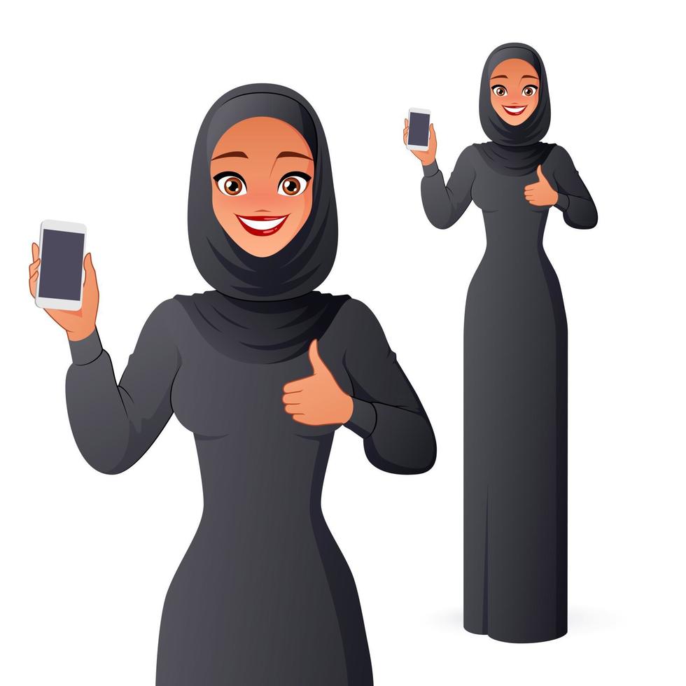 femme musulmane de vecteur montrant l'écran du smartphone avec le pouce vers le haut
