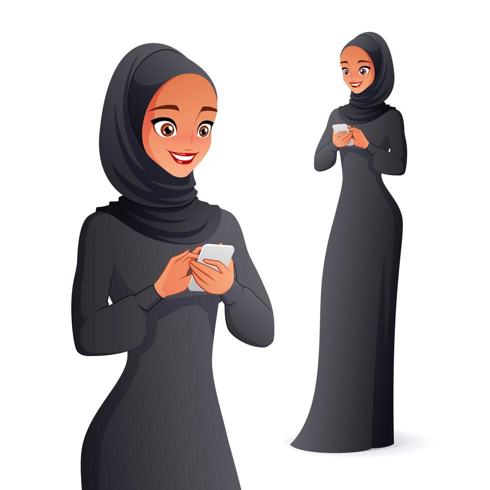 femme arabe en hijab textos sur téléphone vector illustration