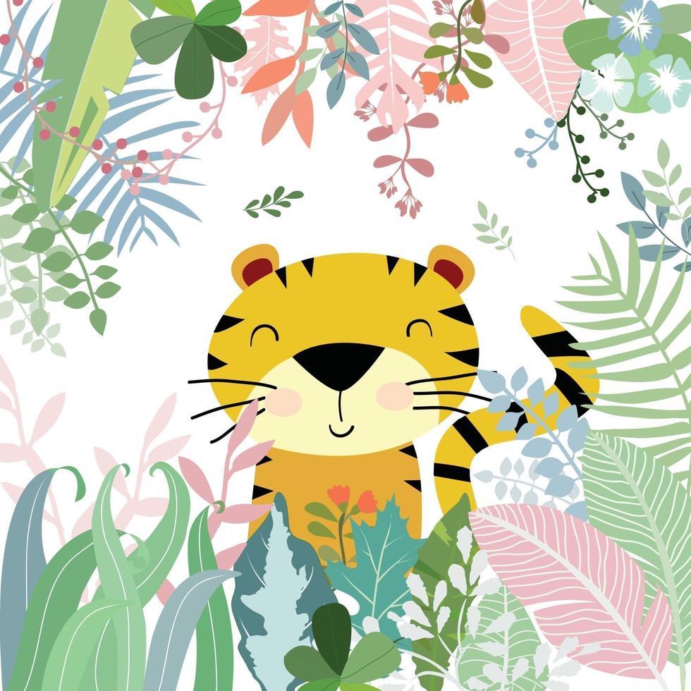 tigre mignon dans la bande dessinée douce de forêt vecteur