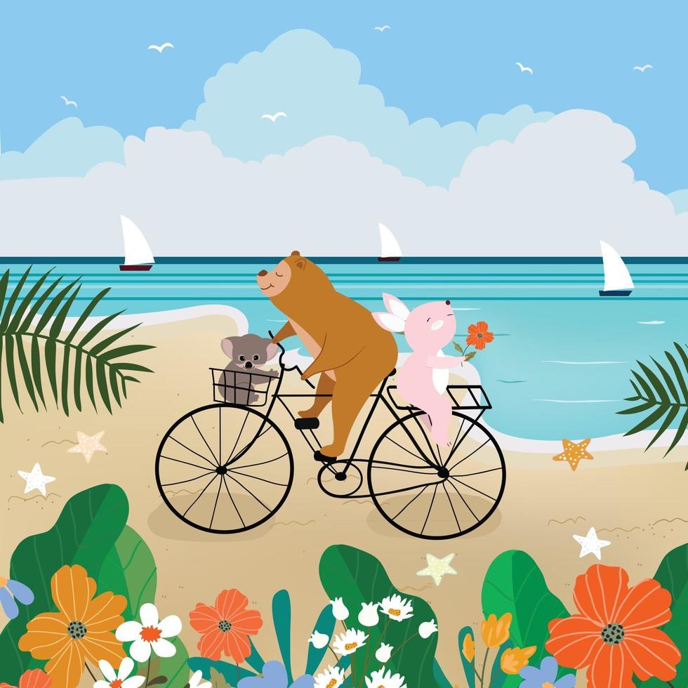 un amant faisant du vélo sur la plage d'été vecteur