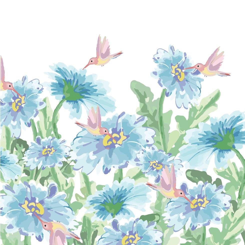 colibri de couleur de l'eau et jardin de fleurs bleues vecteur