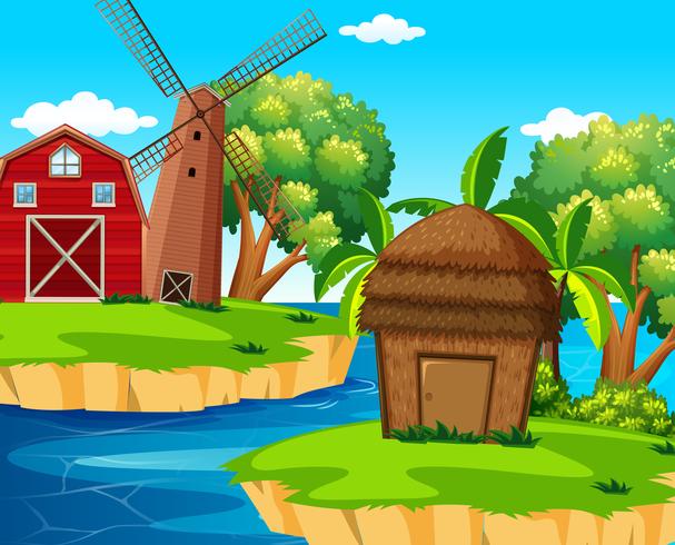 Scène de fond avec grange et moulin à vent sur l&#39;île vecteur