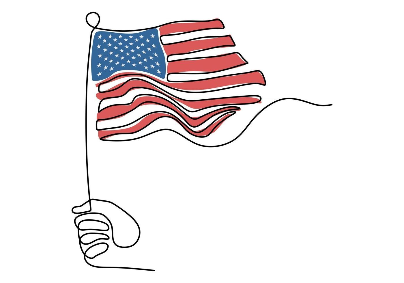 un dessin continu de la main tenant le drapeau américain vecteur