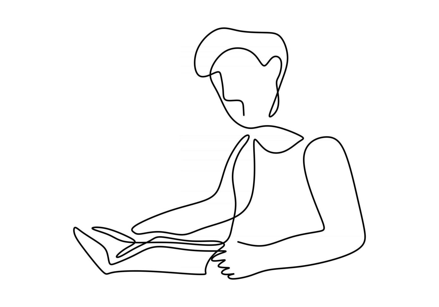 un dessin au trait continu d'un homme lisant un livre vecteur