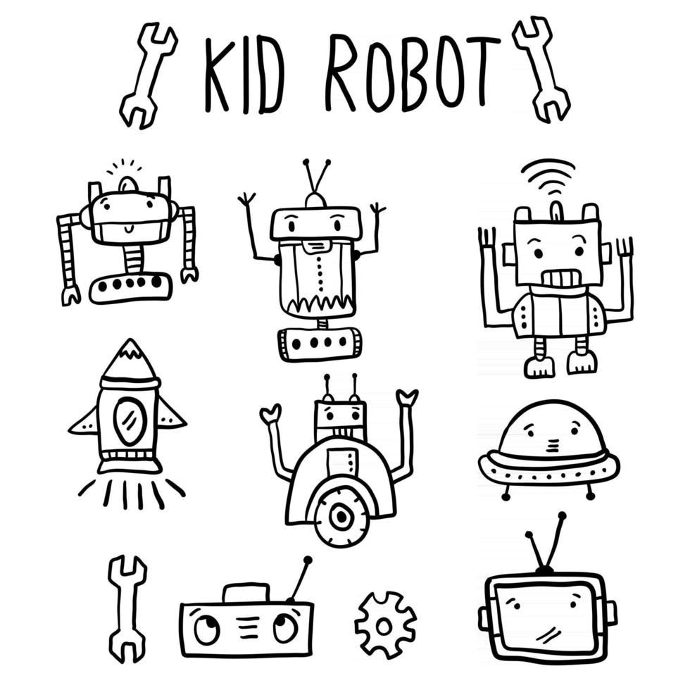 jolie collection d'ensembles avec un robot enfantin et différents articles vecteur