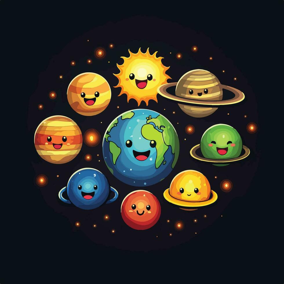 planète mignonne dessin animé Soleil Terre Mars Mercure Jupiter Vénus Saturne Uranus Neptune vecteur