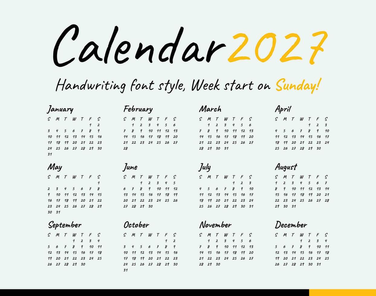 calendrier 2027, écriture, minimal style, la semaine début sur dimanche. vecteur