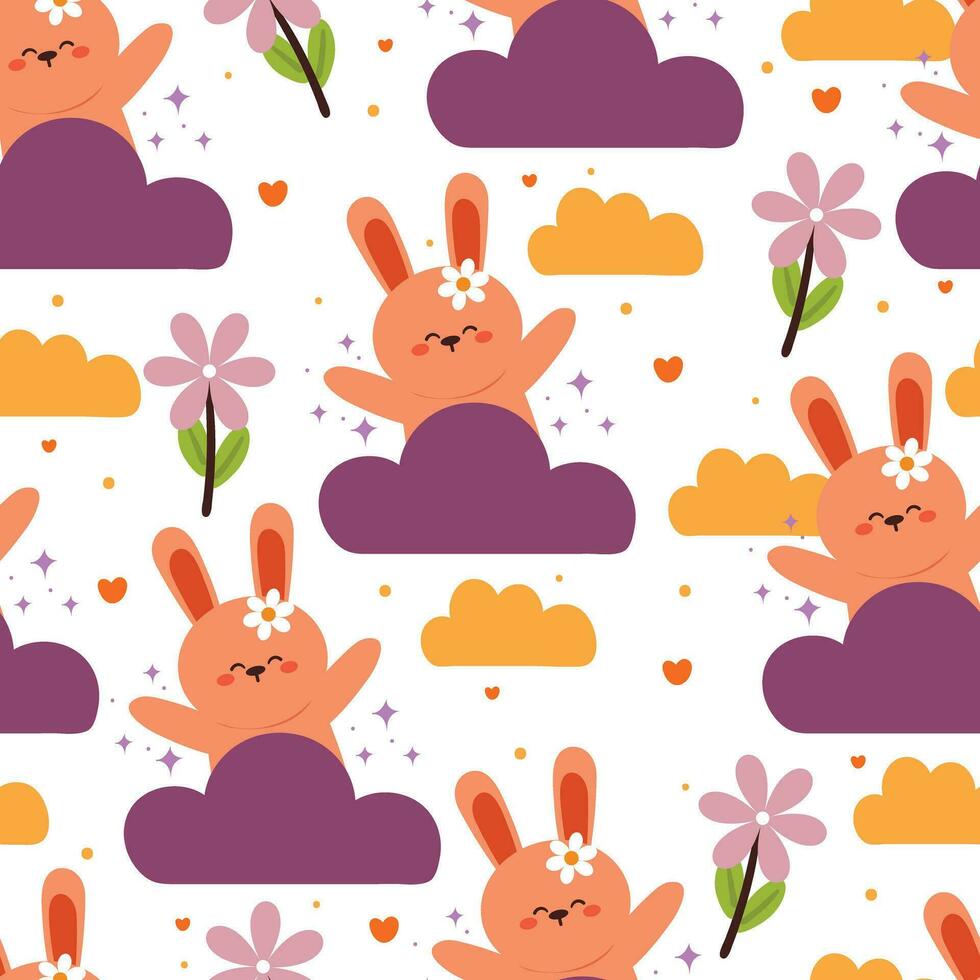 sans couture modèle dessin animé lapin, fleur et ciel élément. mignonne animal fond d'écran pour textile, cadeau emballage papier vecteur