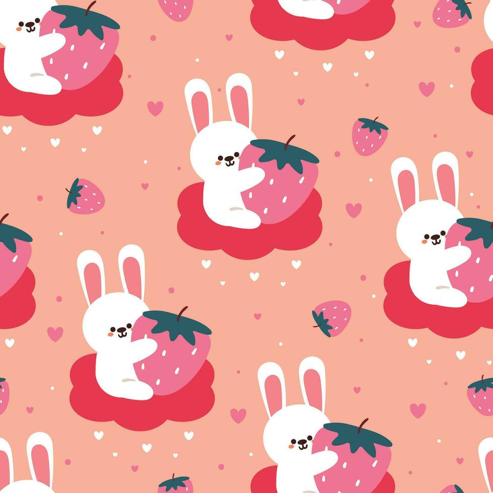 sans couture modèle dessin animé lapin en portant une fraise sur une rose nuage. mignonne animal fond d'écran illustration pour cadeau emballage papier vecteur