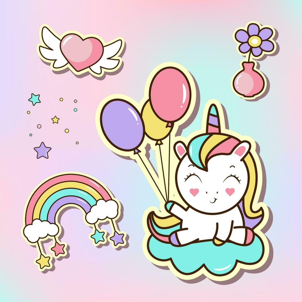 ensemble de mignonne autocollants, Licorne avec coloré des ballons, fleur, arc-en-ciel, étoiles et cœur. dessin animé vecteur illustration.