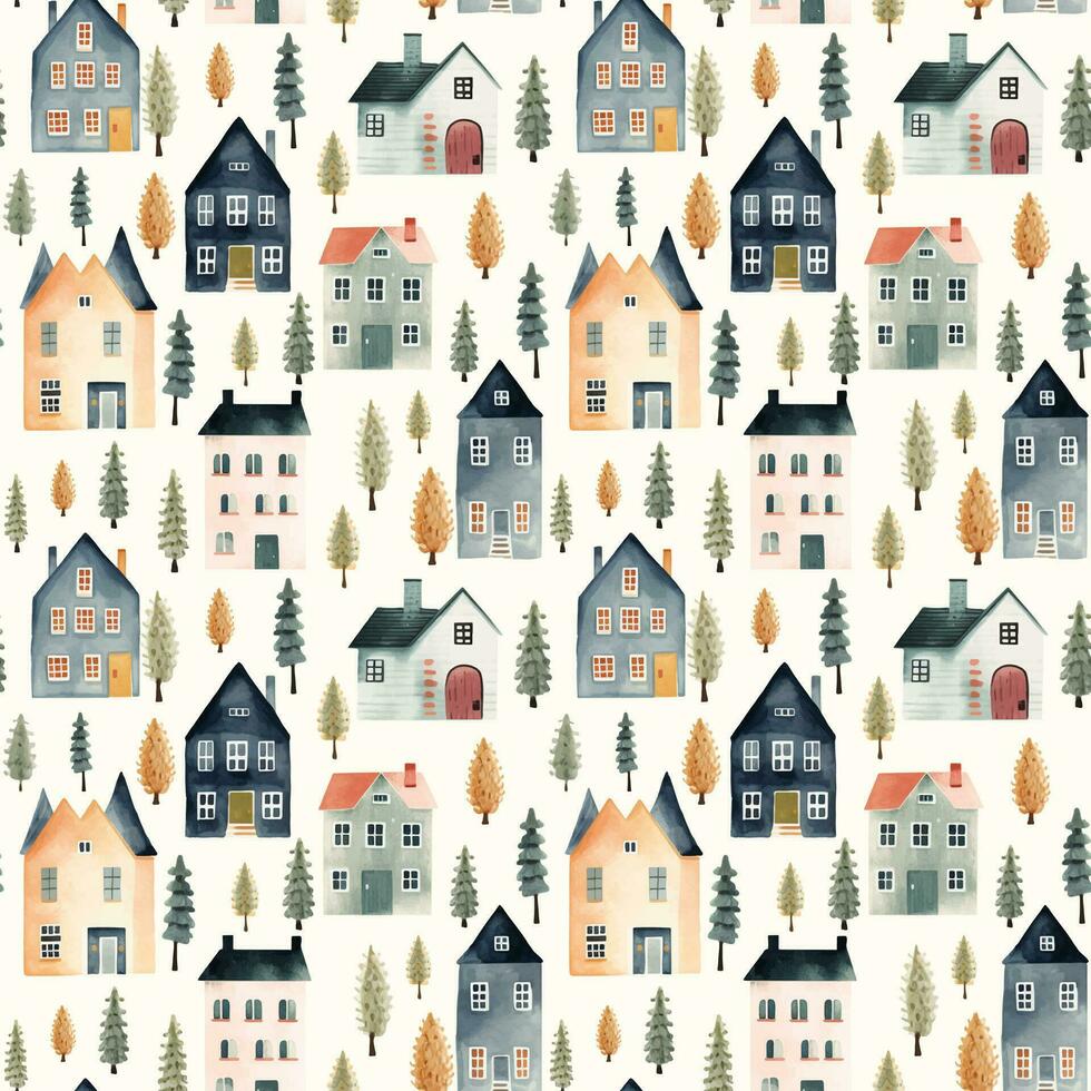 mignonne aquarelle bâtiments et des arbres. européen Maisons sans couture modèle. branché scandi vecteur Contexte