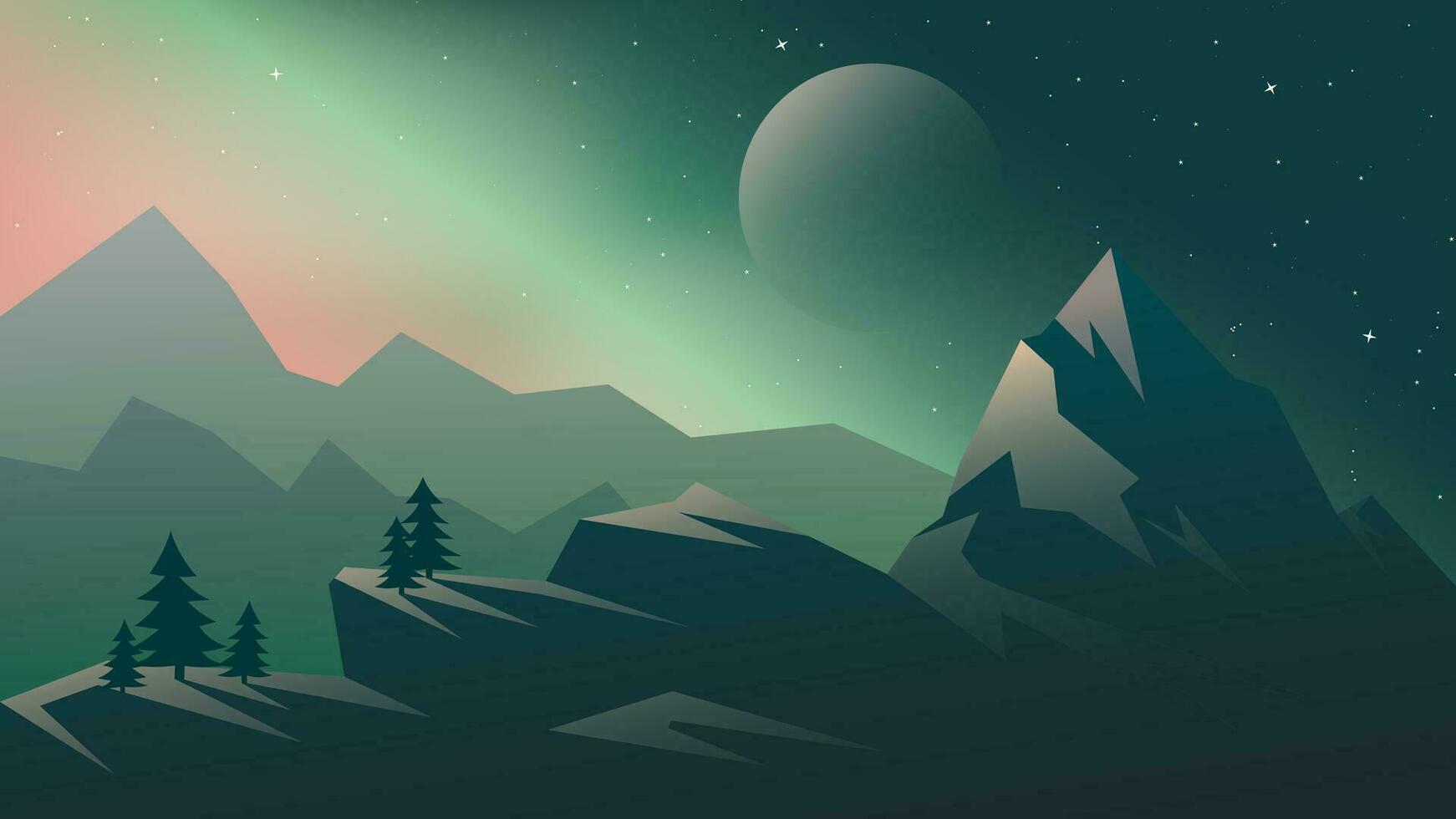 étoilé nuit ciel et lune. montagnes à le nord lumières paysage. vecteur illustration la nature une Montagne paysage