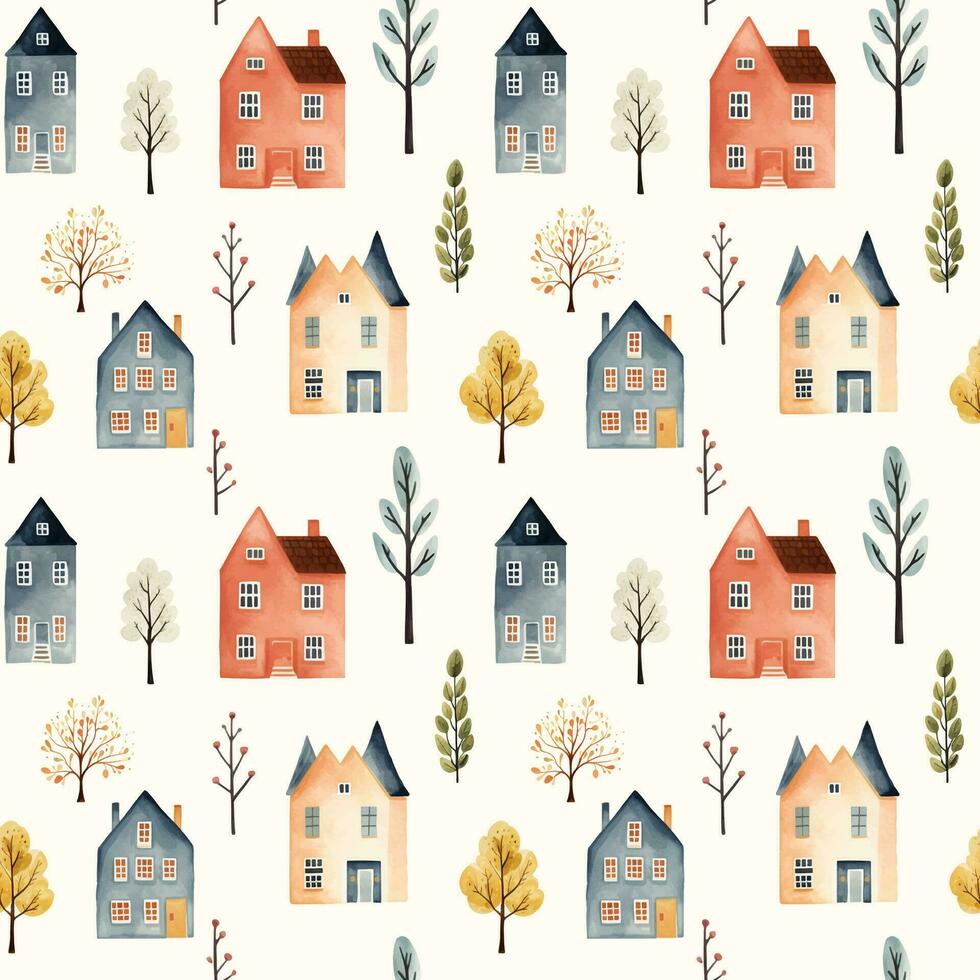scandinave Maisons sans couture modèle. mignonne aquarelle bâtiments et des arbres. branché scandi imprimer, décoratif vecteur Contexte