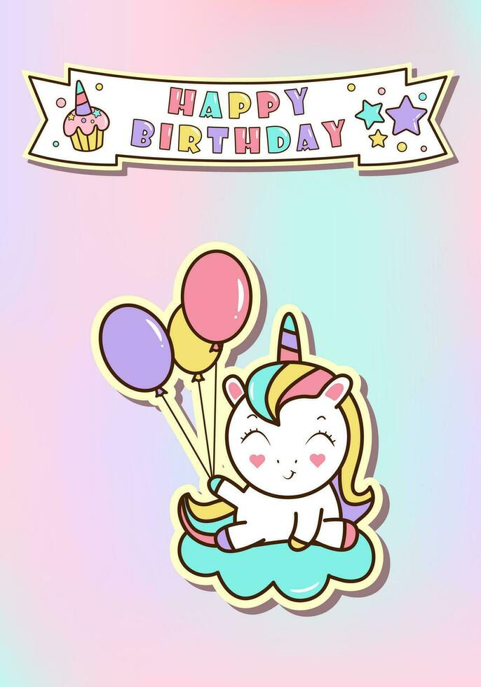 content anniversaire carte avec mignonne Licorne et des ballons. coloré conception. vecteur illustration