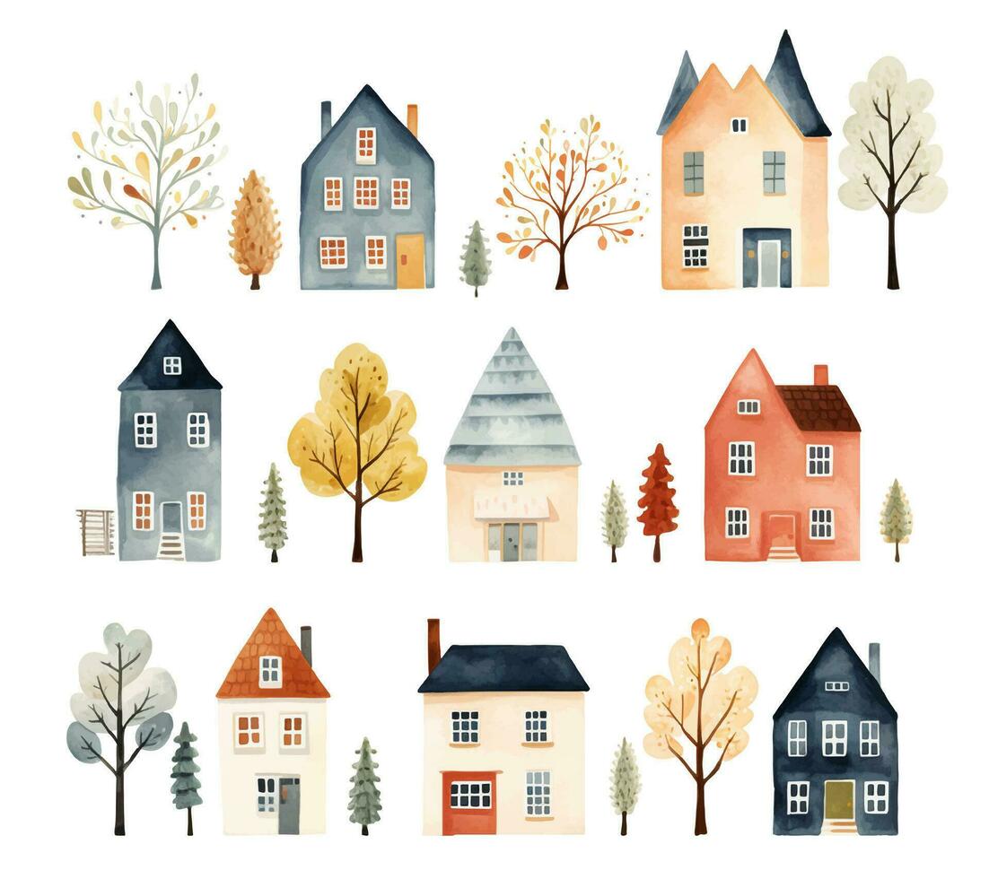 ensemble de aquarelle scandinave Maisons. mignonne puéril bâtiments et des arbres isolé. branché scandi vecteur Contexte