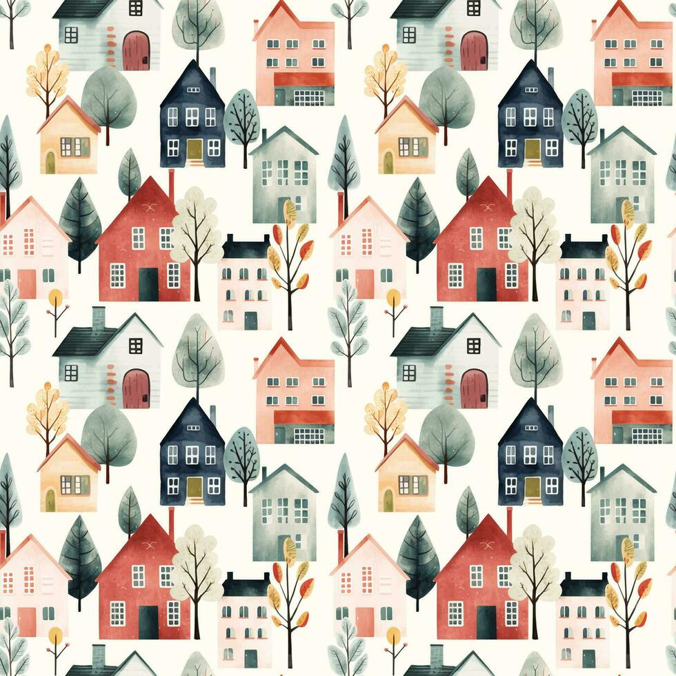 scandinave Maisons sans couture modèle. mignonne aquarelle bâtiments et des arbres. branché scandi imprimer, décoratif vecteur Contexte