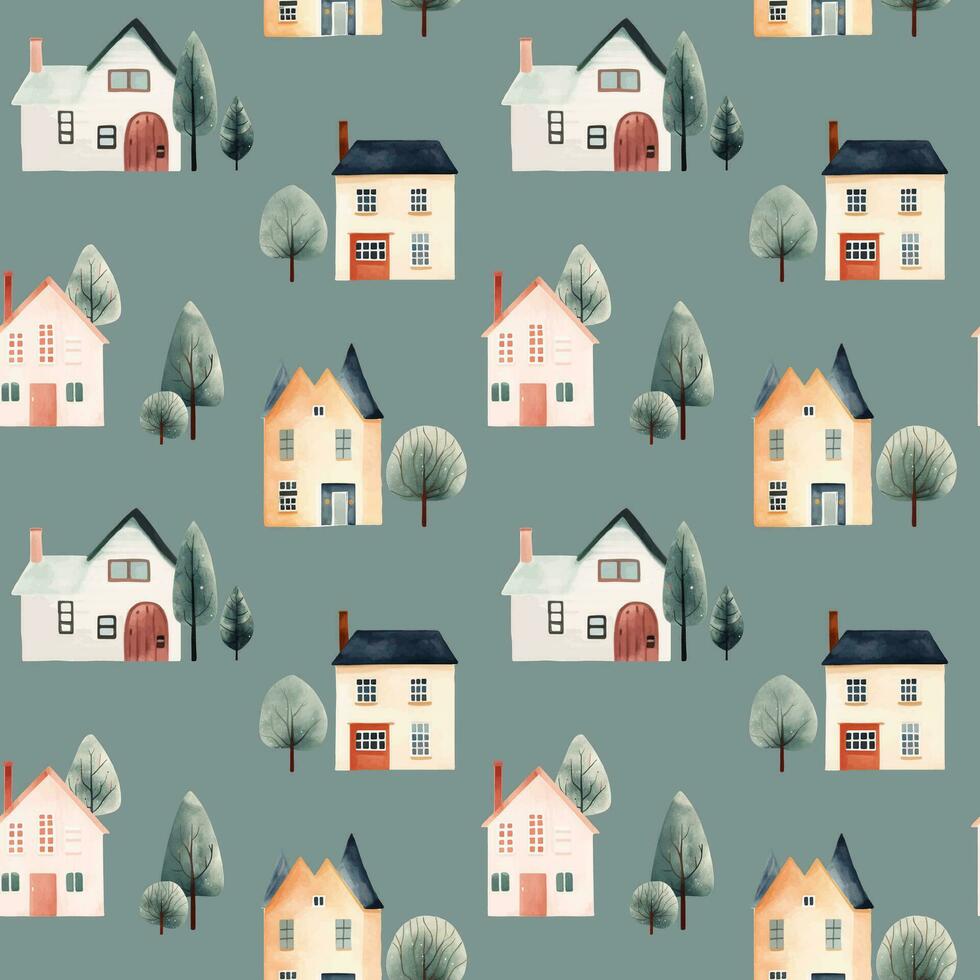 mignonne aquarelle bâtiments et des arbres modèle. scandinave Maisons sans couture vecteur Contexte