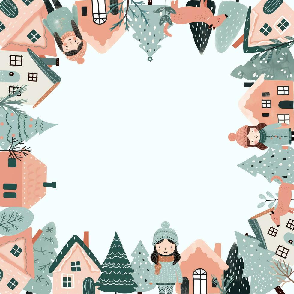 carré hiver carte, Noël Cadre avec texte, scandi Maisons, des arbres, filles. Nouveau année, hiver ornement, affiche vecteur