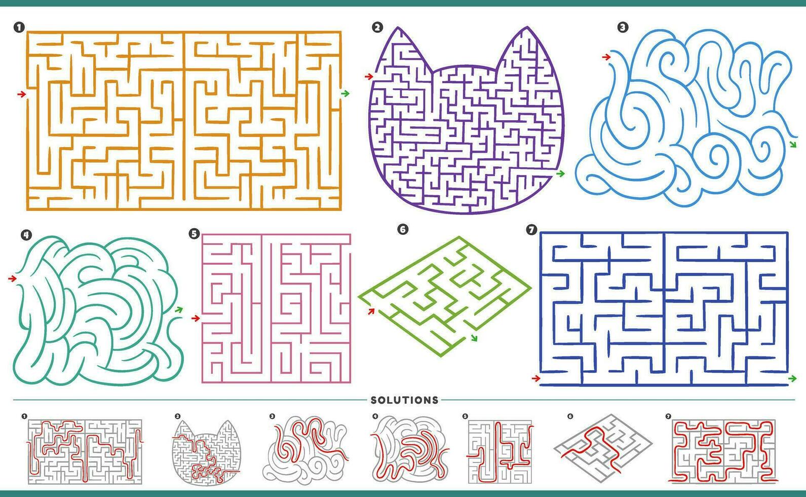 Labyrinthe puzzle Activités graphiques ensemble avec solutions vecteur