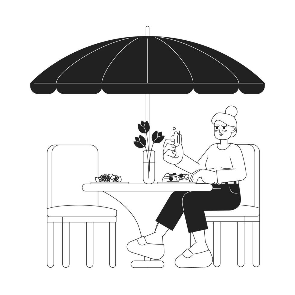 Sénior femme en mangeant fantaisie dîner noir et blanc 2d dessin animé personnage. personnes âgées Dame à patio à manger restaurant isolé vecteur contour personne. retraite profiter monochromatique plat place illustration