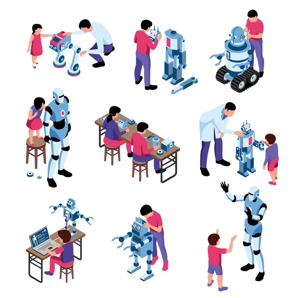 enfants, robotique, isométrique, icônes, vecteur, illustration vecteur