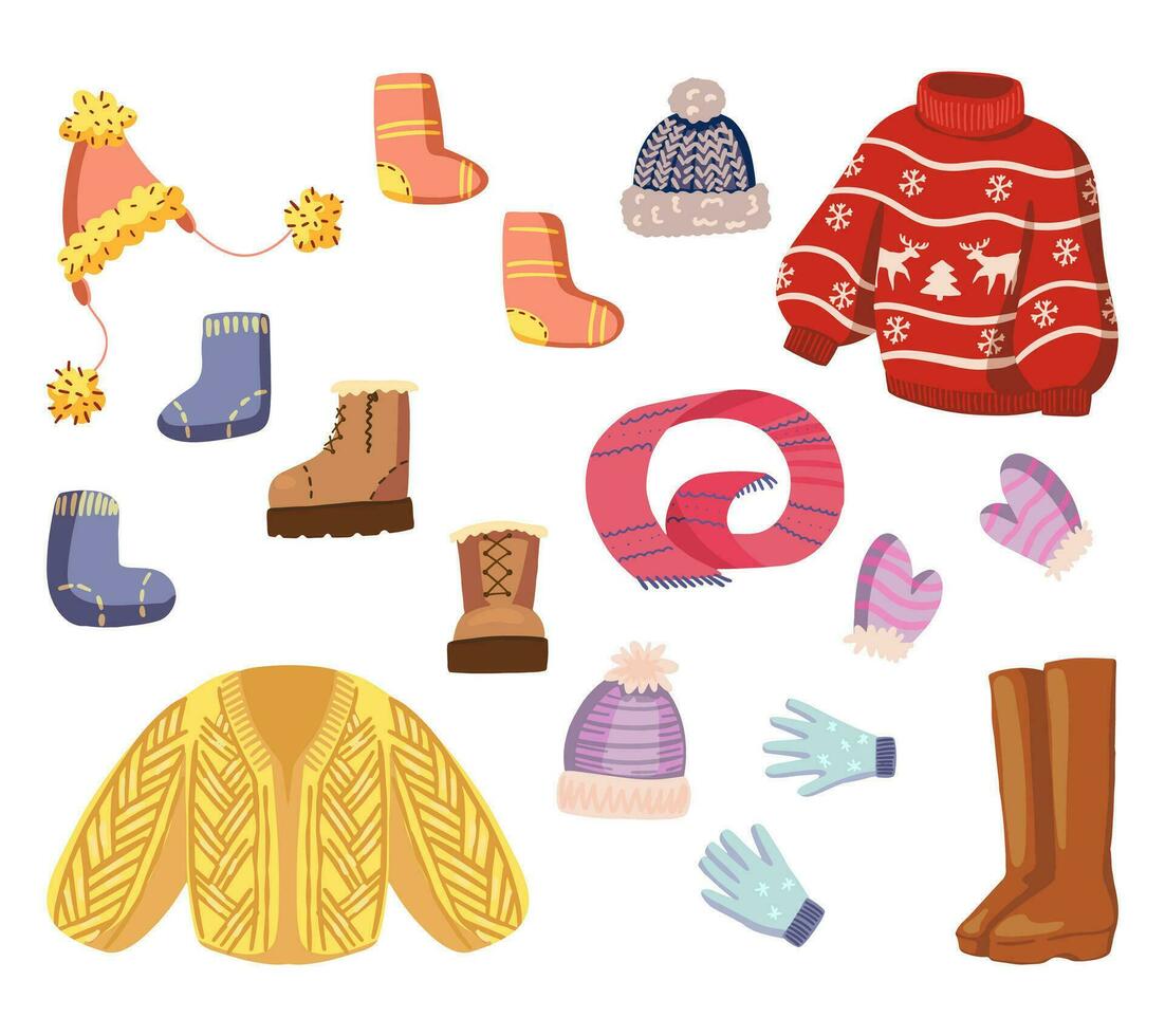 ensemble de hiver temps les attributs. dessins de chaud vêtements, accessoires. main tiré vecteur illustrations. dessin animé cliparts collection isolé sur blanche. éléments pour conception, impressions, autocollants, décor, carte