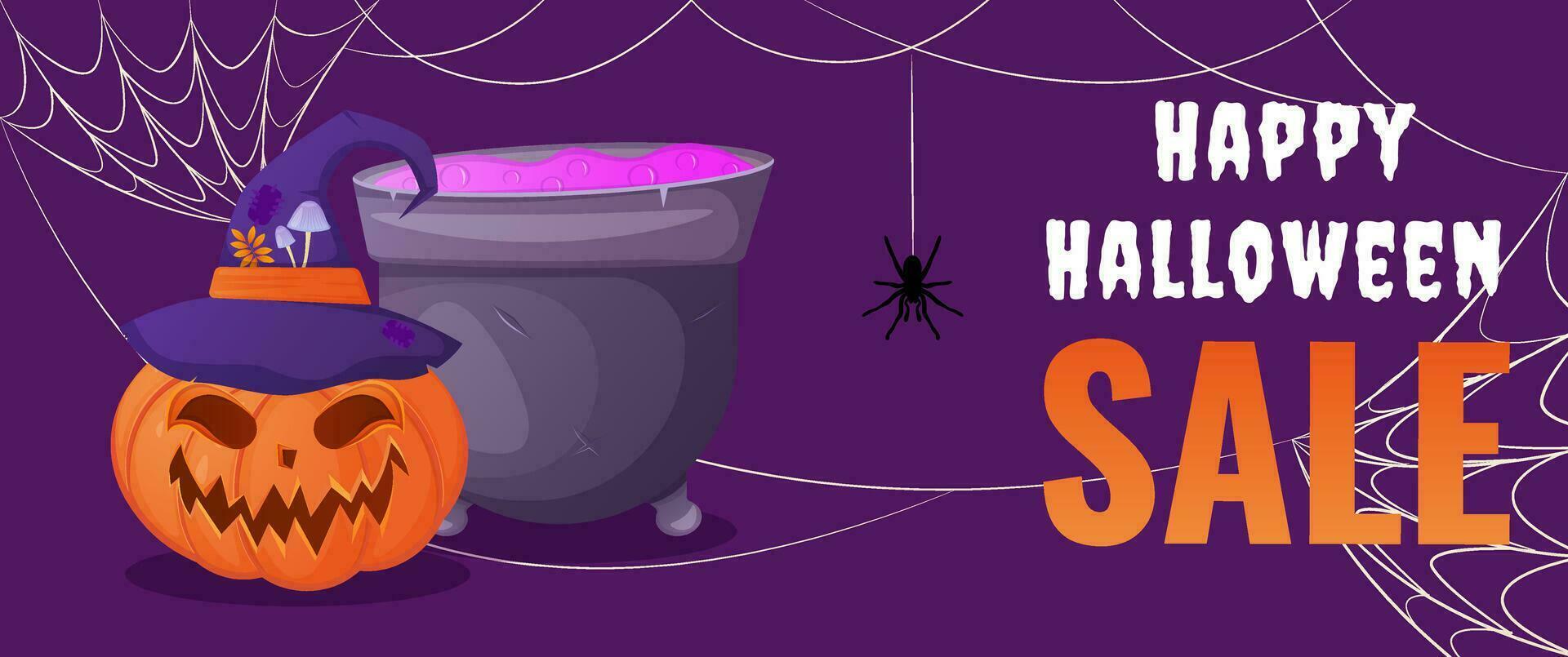 Halloween vente bannière avec citrouille et sorcière pot vecteur