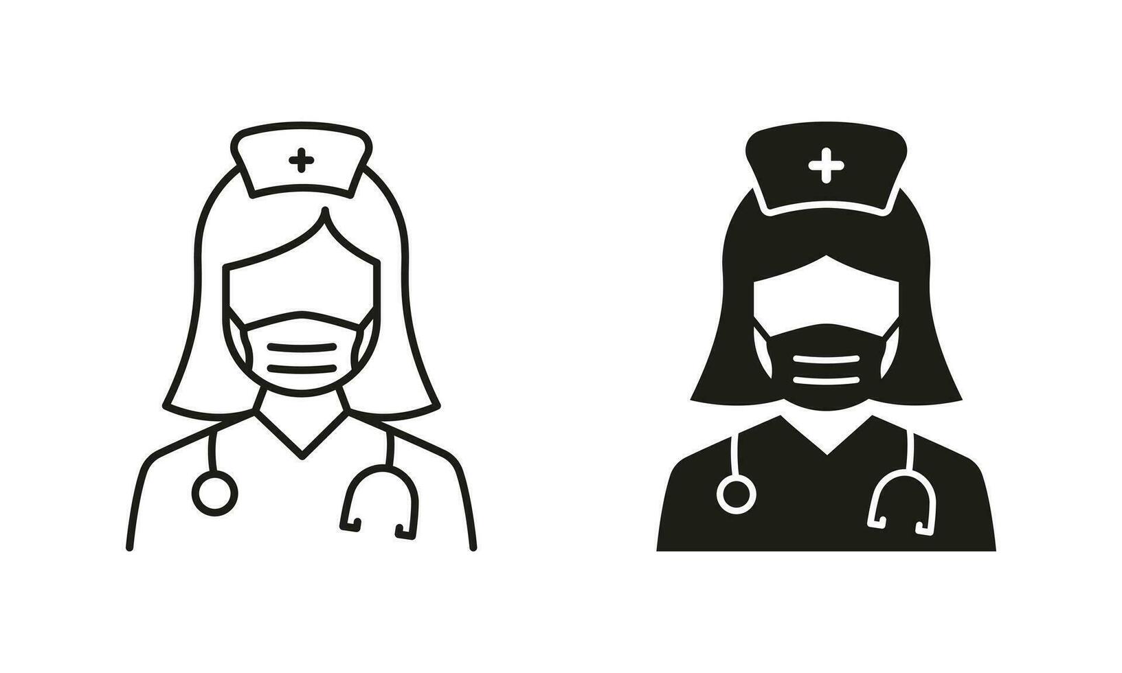 médecin et infirmière symbole collection. professionnel médecin avec stéthoscope dans visage masque ligne et silhouette noir icône ensemble. femelle médecins spécialiste, médical assistant. isolé vecteur illustration.