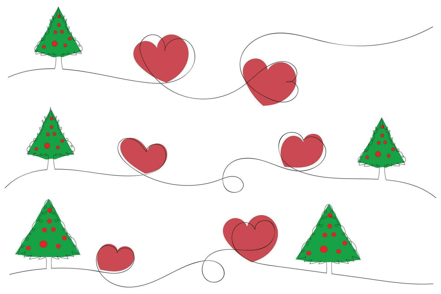 main tiré mince continu ligne Noël arbre avec cœurs symbole vecteur, un ligne pin sapin arbre romantique relation l'amour signe, minimaliste contour Célibataire ligne art vacances cartes décorations vecteur