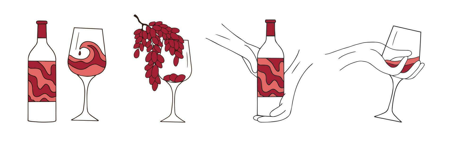 du vin bouteille, verre et les raisins isolé sur blanche. vecteur illustration. vecteur illustrationv