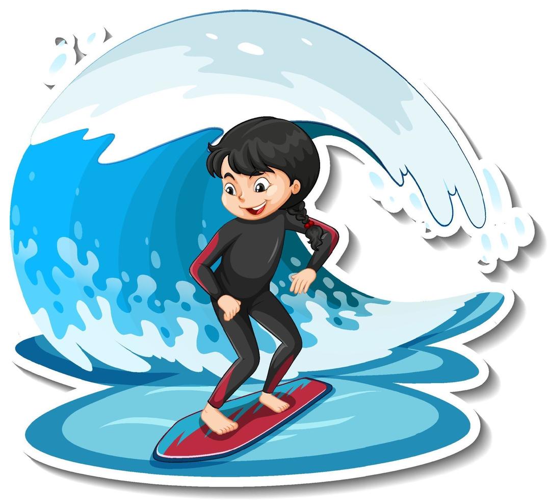 autocollant une fille debout sur une planche de surf avec une vague d'eau vecteur