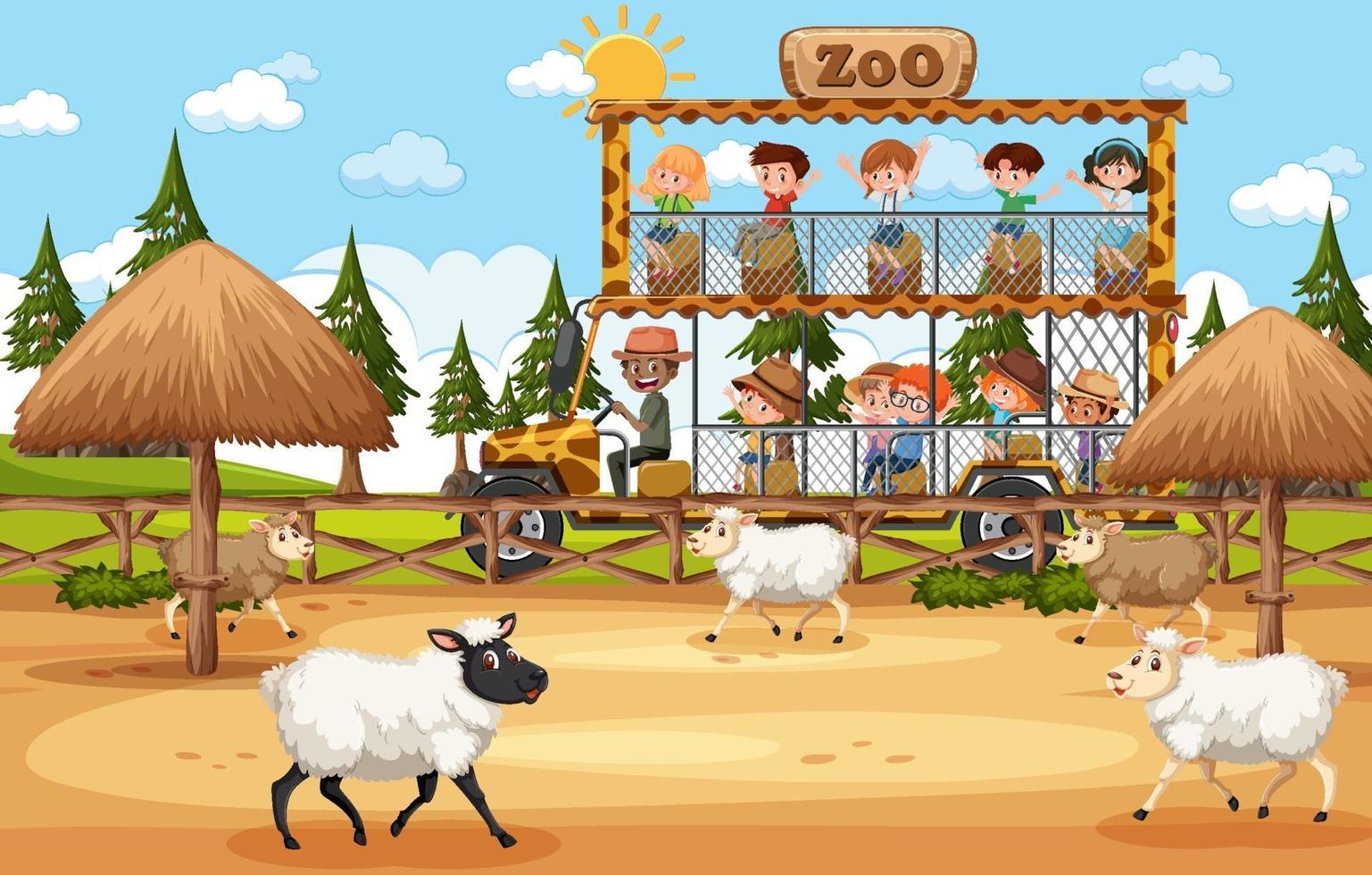 Enfants sur une voiture de tourisme regardant un groupe de moutons dans la scène du zoo vecteur