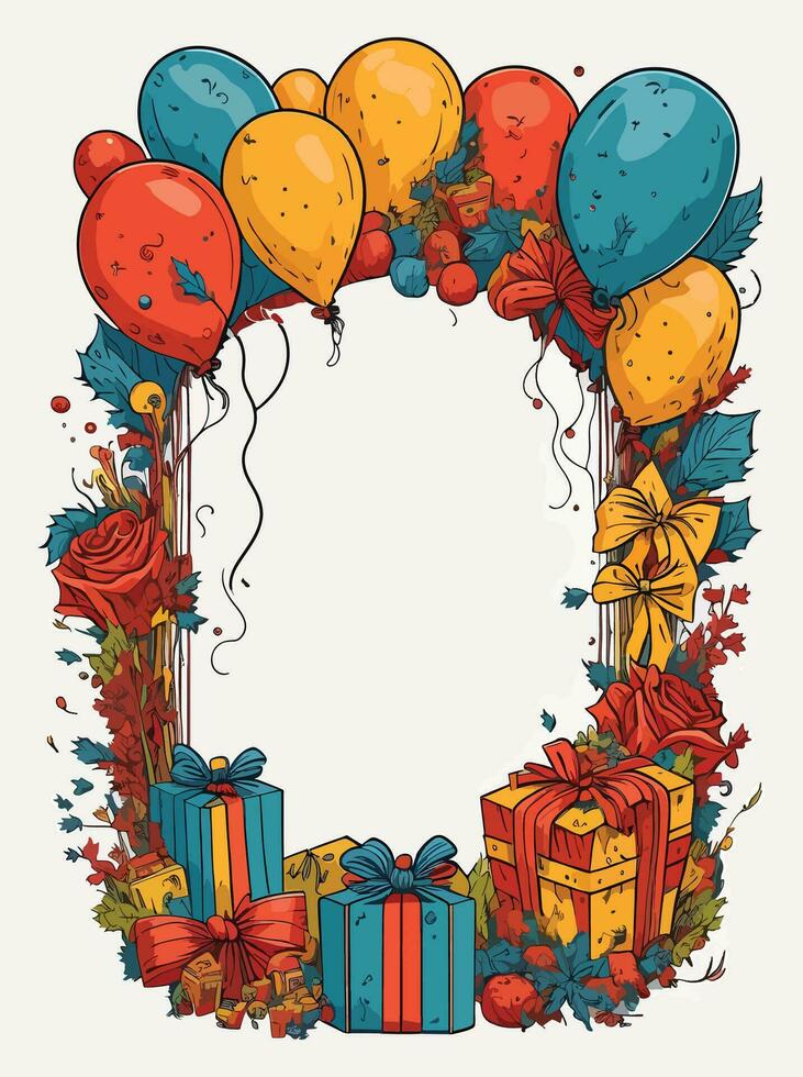 illustration de anniversaire thème fleuri Cadre avec des ballons et cadeaux carte vecteur