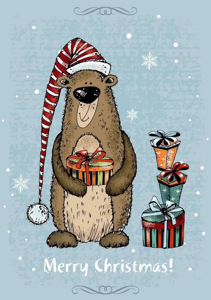 une Noël carte avec une de bonne humeur nounours ours avec cadeaux. vecteur. vecteur