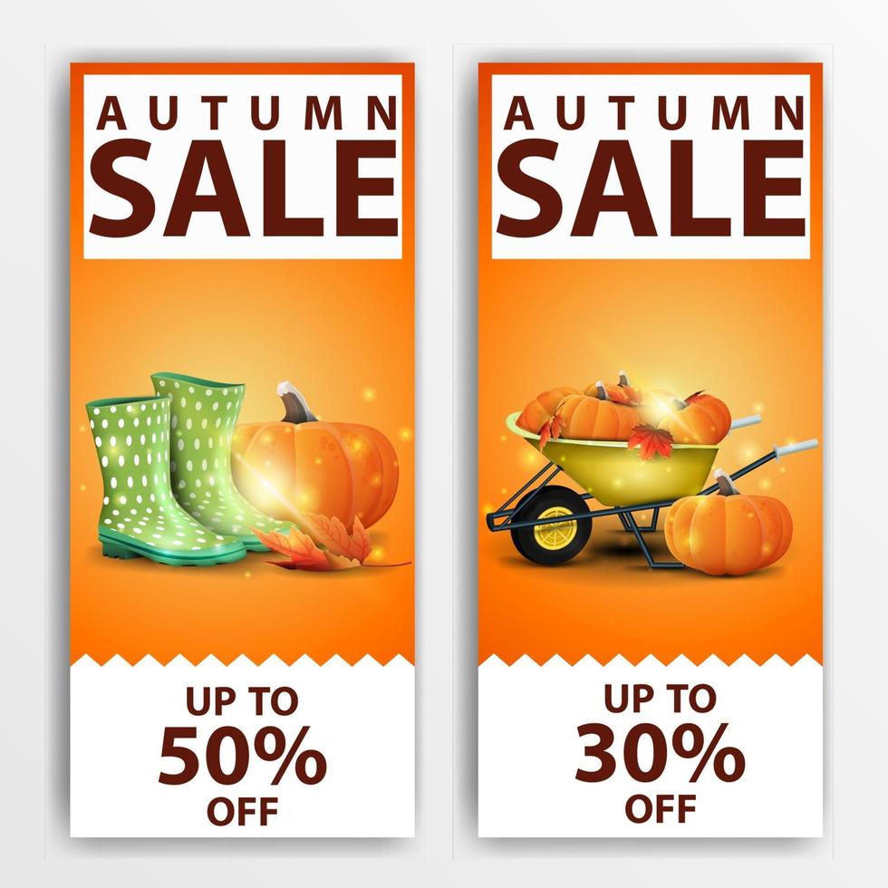 vente d'automne, bannières avec bottes en caoutchouc, citrouille, brouette de jardin vecteur