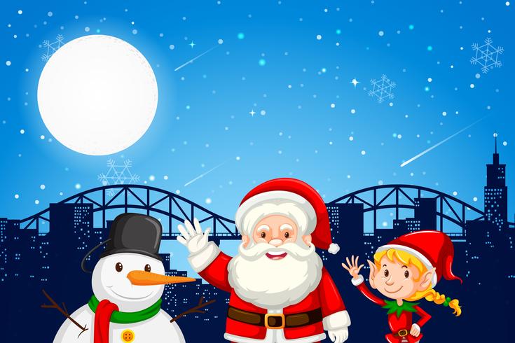 Santa elf et bonhomme de neige sur la ville backgroung vecteur