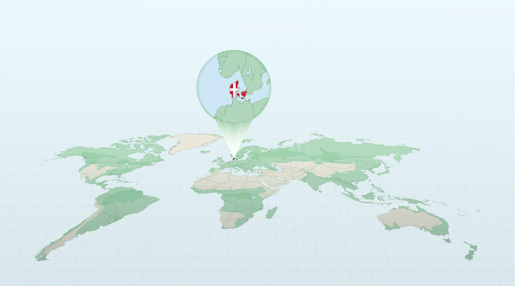 monde carte dans la perspective montrant le emplacement de le pays Danemark avec détaillé carte avec drapeau de Danemark. vecteur