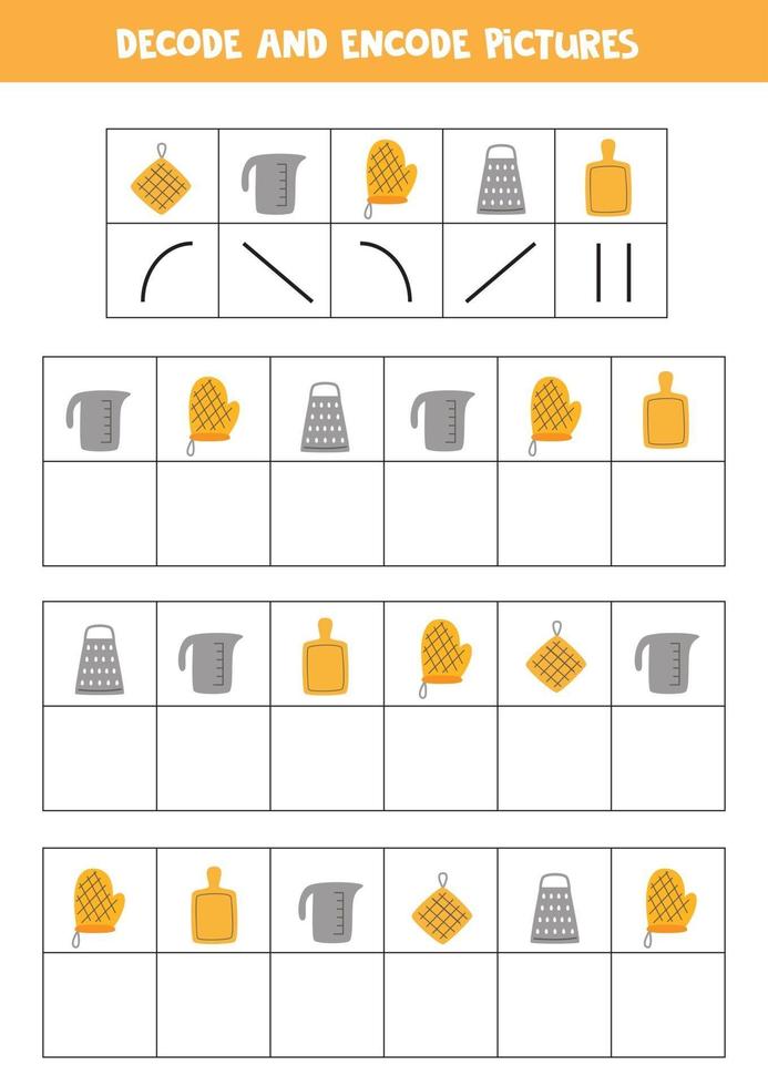 décoder et encoder des images. écrivez les symboles sous les ustensiles de cuisine. vecteur