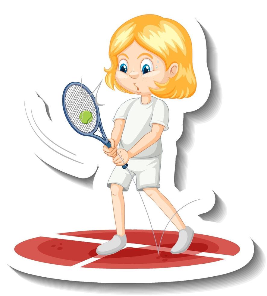 une fille jouant au tennis autocollant de personnage de dessin animé vecteur
