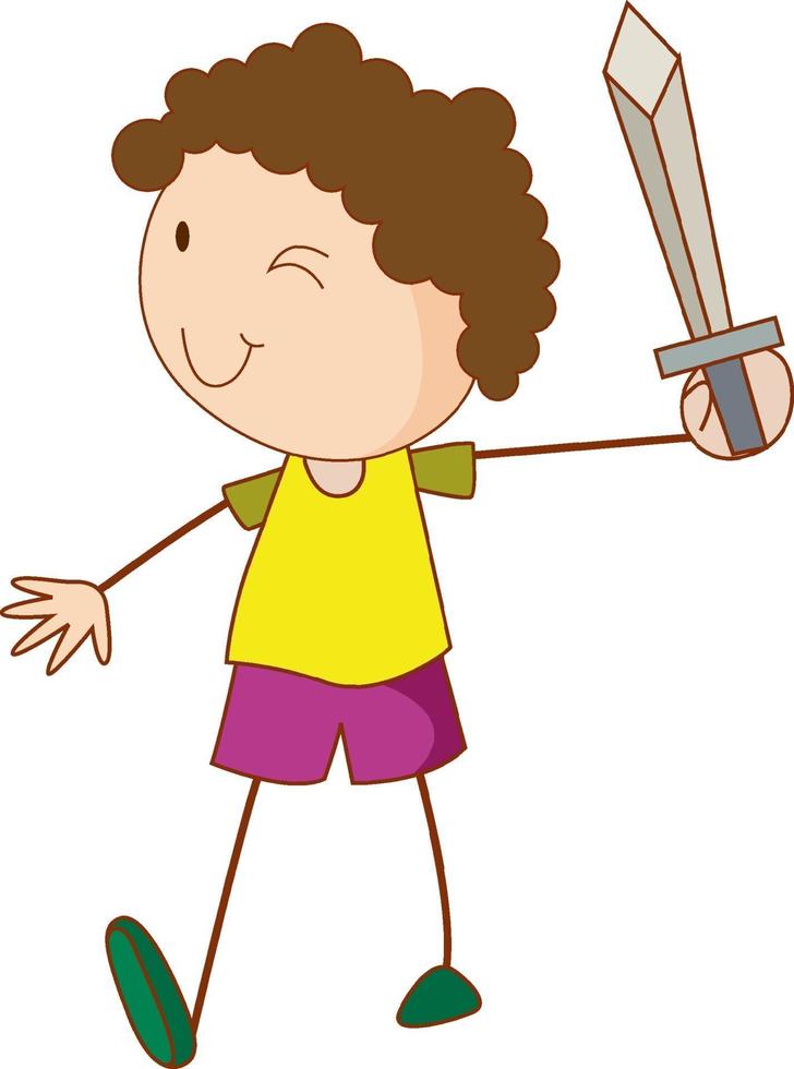 un enfant de griffonnage tenant un personnage de dessin animé d & # 39; épée isolé vecteur