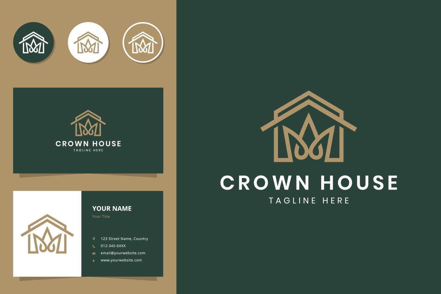 conception de logo et carte de visite d'art de ligne de maison et de couronne vecteur